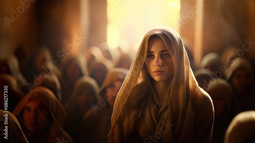 Portrait of young woman in the church. Biblical character