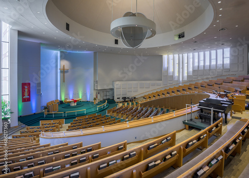 Interior of the modern St Peter's Lutheran Church in Columbus, Indiana