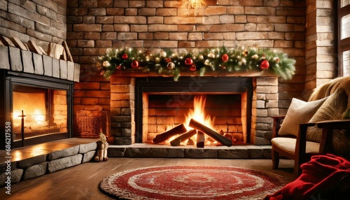 christmas time cozy fireplace wood logs burning fire bricks background relaxation and warm home