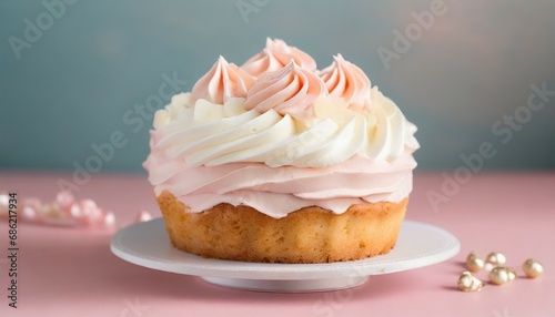 delicious cake with frosting over pink pastel background