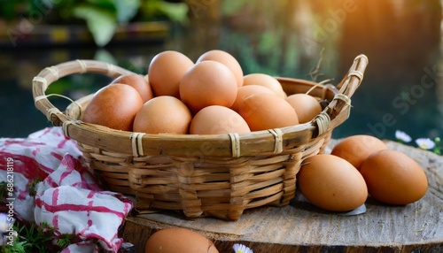 fresh eggs in wooden basket generative ai