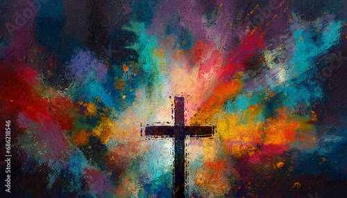 colorful painting art of an abstract dark background with cross christian illustration