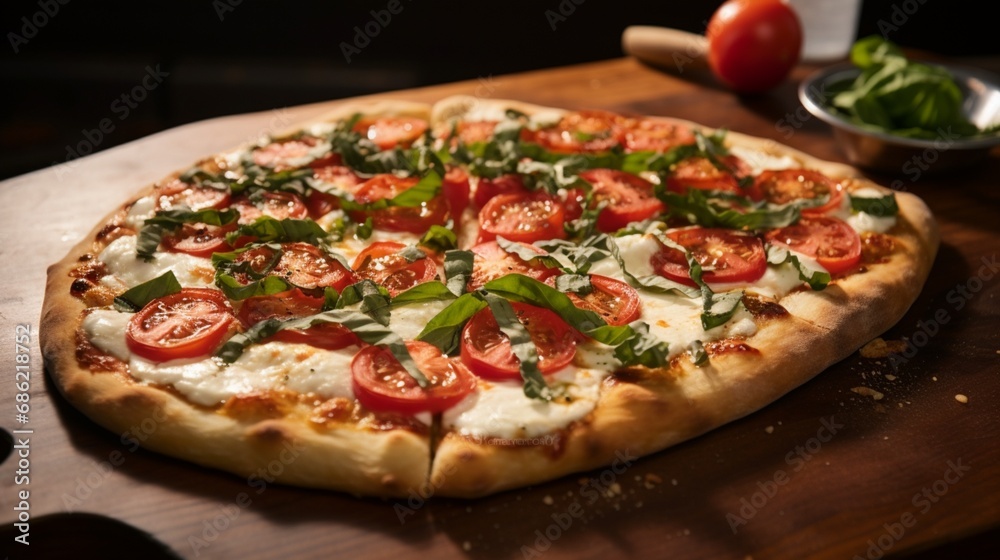 A classic margherita flatbread pizza, with fresh tomatoes, mozzarella, and basil.