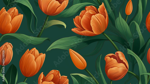 Beautiful illustration of tulips. Flowers pattern. Orange tulips 