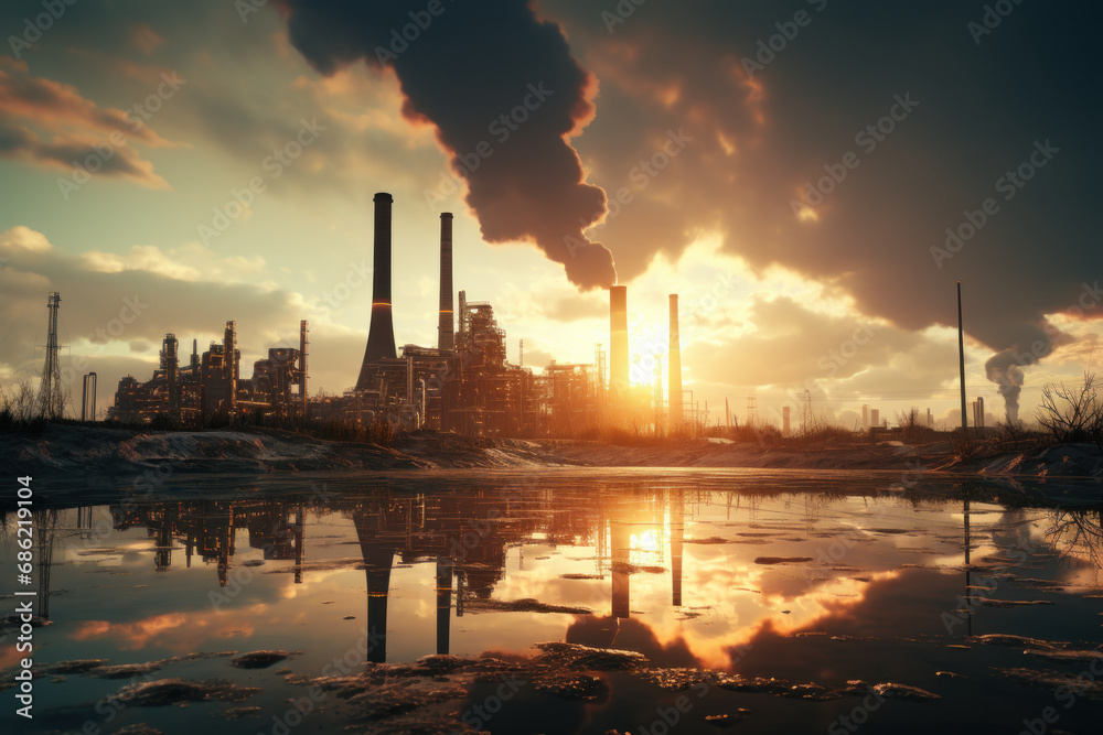 A sprawling industrial complex with towering smokestacks, emanating the hum of productivity and the pulse of modern manufacturing. Concept of industrial prowess. Generative Ai.
