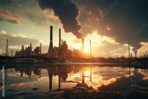 A sprawling industrial complex with towering smokestacks  emanating the hum of productivity and the pulse of modern manufacturing. Concept of industrial prowess. Generative Ai.