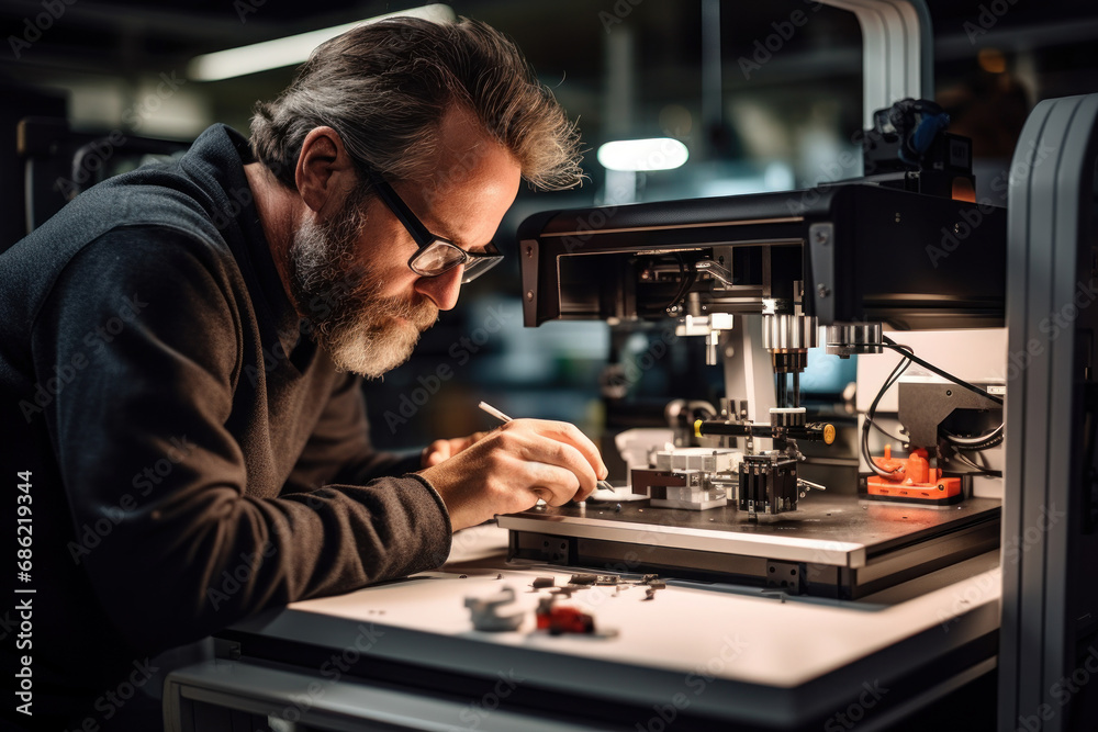 A factory worker operating a state-of-the-art 3D printer, layer by layer creating intricate prototypes and components. Concept of advanced additive manufacturing. Generative Ai. A factory worker operating a state-of-the-art 3D printer, layer by layer creating intricate prototypes and components. Concept of advanced additive manufacturing. Generative Ai.