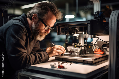 A factory worker operating a state-of-the-art 3D printer, layer by layer creating intricate prototypes and components. Concept of advanced additive manufacturing. Generative Ai.