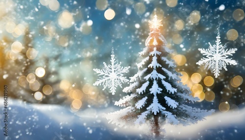 abstract winter background featuring a blurred christmas tree in a snowy landscape with a snowflake as a symbol of christmas © Mary