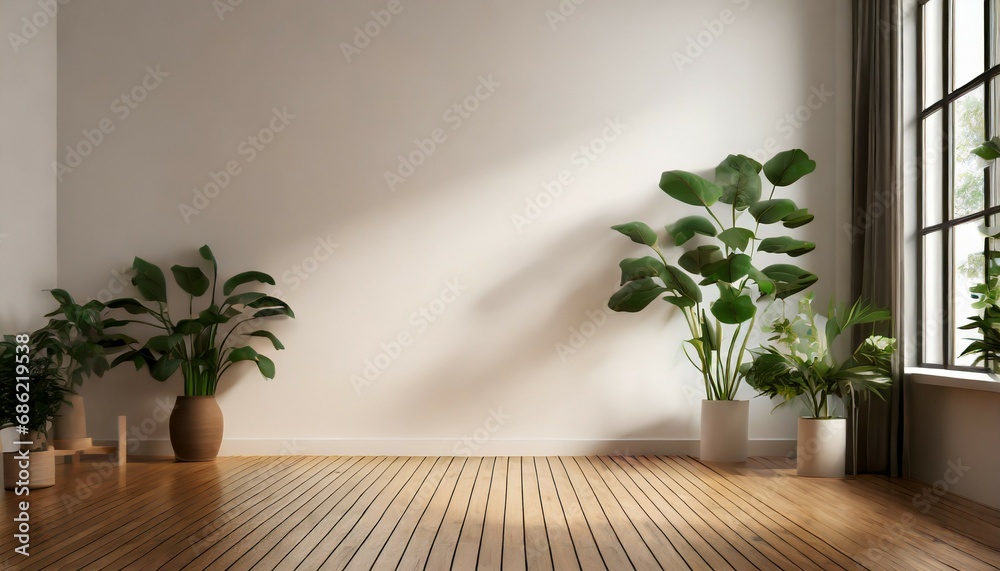 minimalist empty room with white wall and wooden floor and indoor green plants 3d rendering