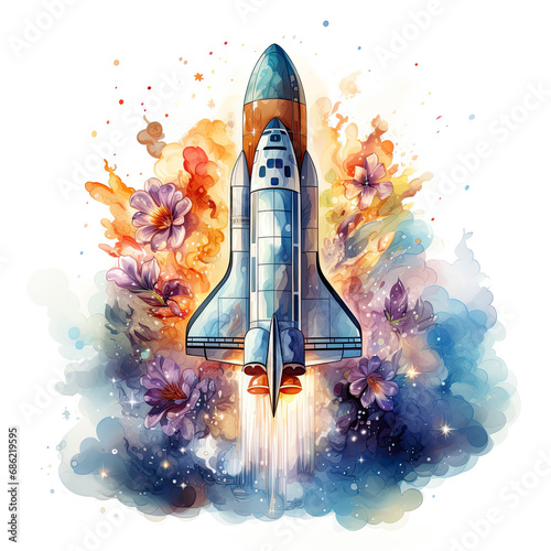 watercolor Surreal rocket in deep space clipart, Generative Ai