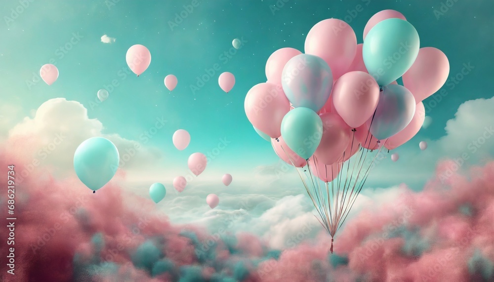 colorful balloons in the sky background in the style of surreal 3d landscapes pink and aquamarine