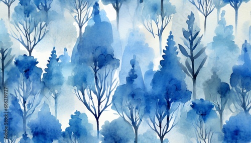 hand painted illustration watercolor seamless pattern with blue trees in the mist
