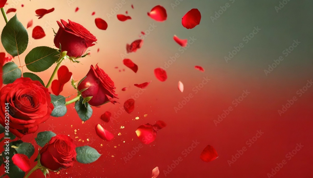 flying petals and red roses on a red background with copy space ...