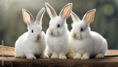 collection of three white rabbits portrait sitting animal bundle on a white background as