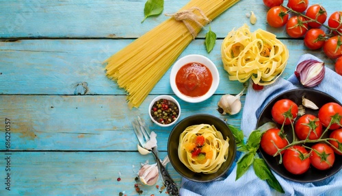 pasta with tomatoes sauce and other components on a light blue wooden background free space for text