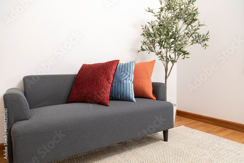 Scandinavian interior decoration of grey sofa with blue, red and orange pillow on it. Green plant pot on the side.