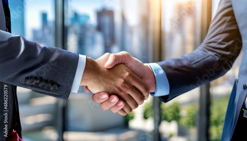 successful business agreement contract dealing businessman handshake close up hand palm with blur city building and office working space background ai generate