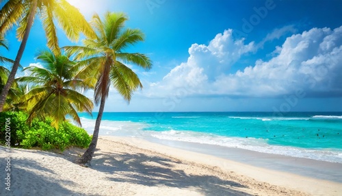 sunny tropical beach with palm trees and turquoise water caribbean island vacation hot summer day © Mary