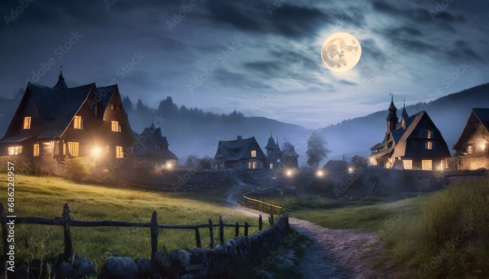 mysterious village under creepy moonlight
