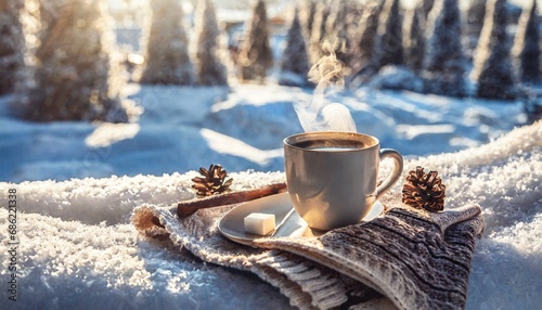 cozy warm winter composition with cup of hot coffee or chocolate cozy blanket and snowy landscape on sunny winter day winter home decor christmas new years eve photo
