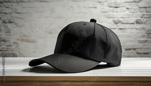 black cap on table against white background mockup for design