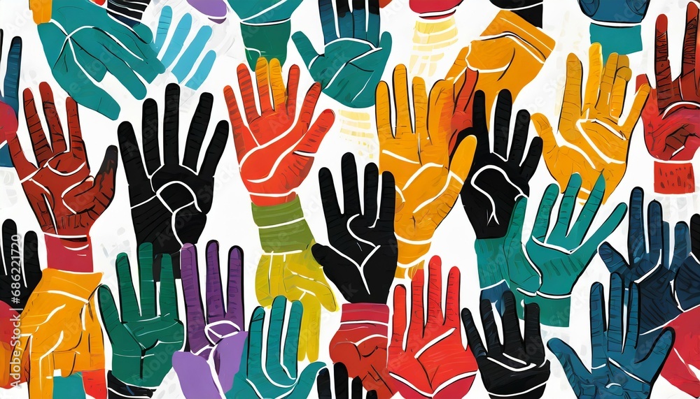 diverse colorful people hands together seamless pattern illustration funny multicolor hand community background print friend team business teamwork or community help texture drawing