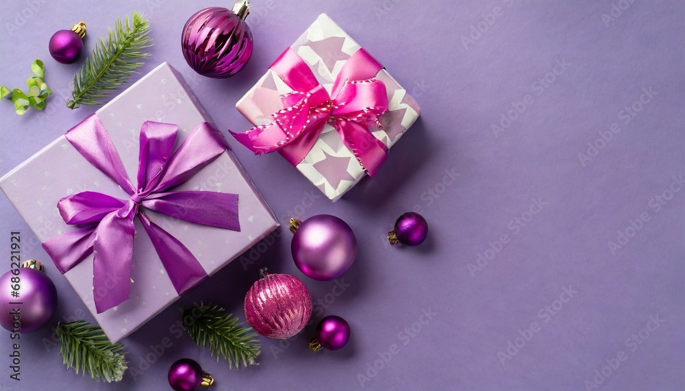 christmas day concept top view photo of lilac gift boxes with ribbon bows pink and purple baubles on violet background with copyspace