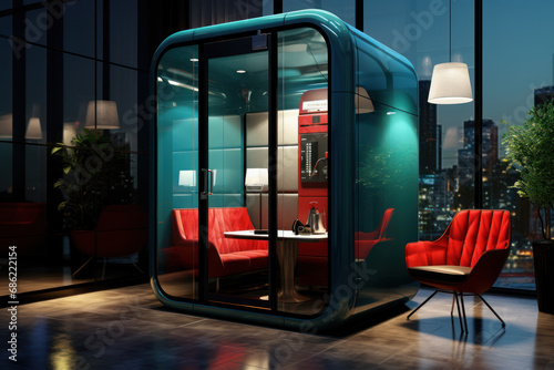 A soundproof phone booth for private conversations, ensuring confidentiality and quiet spaces in the bustling office environment. Concept of acoustic privacy. Generative Ai.
