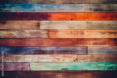 Close up of wooden wall with different colors of paint.