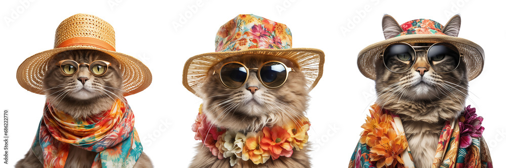 Collection of cats wearing hat and sunglasses, dressed for the upcoming summer, isolated on white background