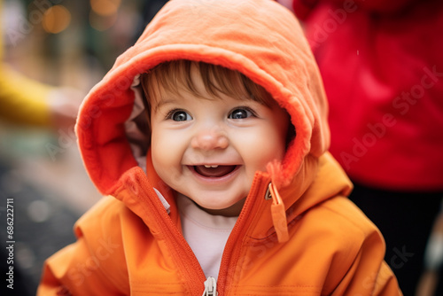Autumn Splendor: Beaming Baby in Hooded Orange Jacket