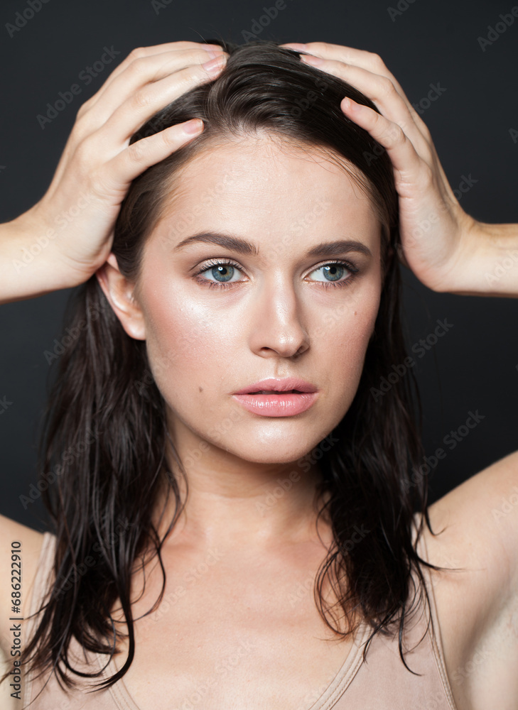 Lovely brunette woman portrait. Beautiful spa model with perfect fresh clean skin. Youth and skin care concept. Nude makeup Lovely brunette woman portrait. Beautiful spa model with perfect fresh clean skin. Youth and skin care concept. Nude makeup