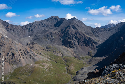 Beautiful mountain landscape on a bright sunny day . White clouds in a blue sky.