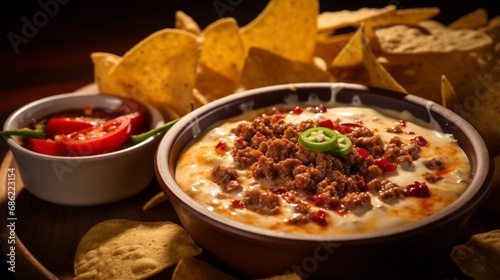 A close-up of a loaded queso and chorizo dip with tortilla chips.