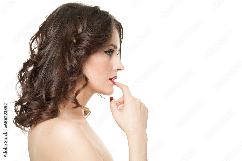 Profile of cute woman brunette with makeup and shiny wavy brown hair isolated Profile of cute woman brunette with makeup and shiny wavy brown hair isolated