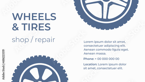 Wheels and tires. Auto parts. Tire service. Vehicle parts. Сar spare for car repair and service. Electrical, engine, auto body parts. Headlights. Brake. Colorful flat vector illustration. Isolated