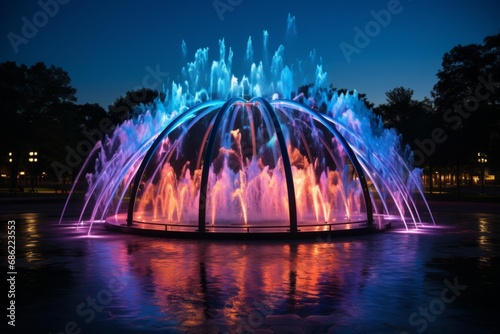 Colourful Fountain Illuminated at Night. A colourful fountain is lit up at night