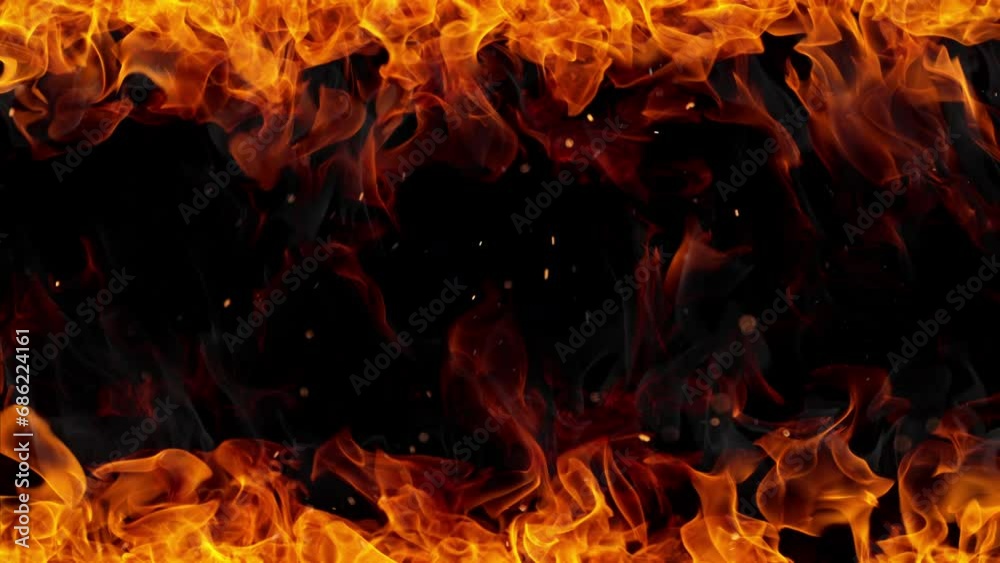 Super slow motion of fire flames isolated on black background. Filmed on high speed cinema camera at 1000 fps