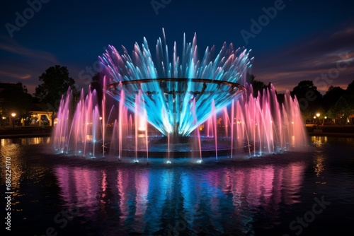 Colourful Fountain Illuminated by Night Lights. A colourful fountain is lit up at night