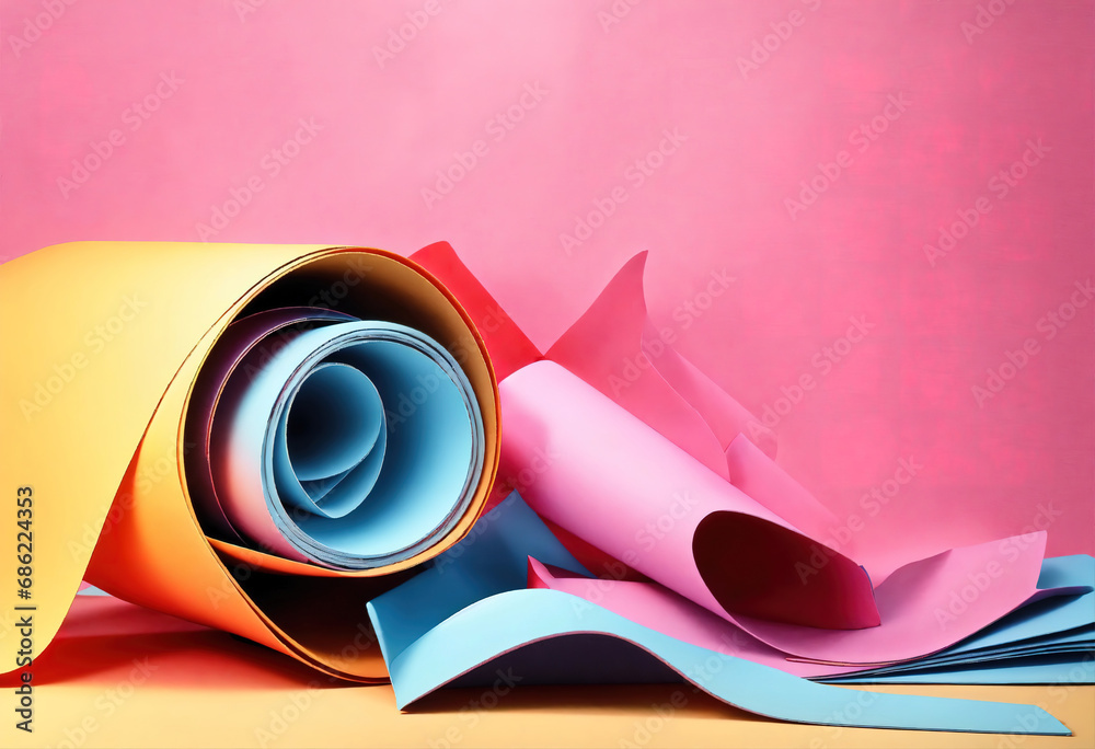 3d render, paper ribbon rolls, abstract shapes, fashion background, swirl, pastel. Generative Ai
