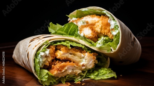 A handheld shot of a crunchy chicken Caesar salad wrap, perfect for a quick bite.