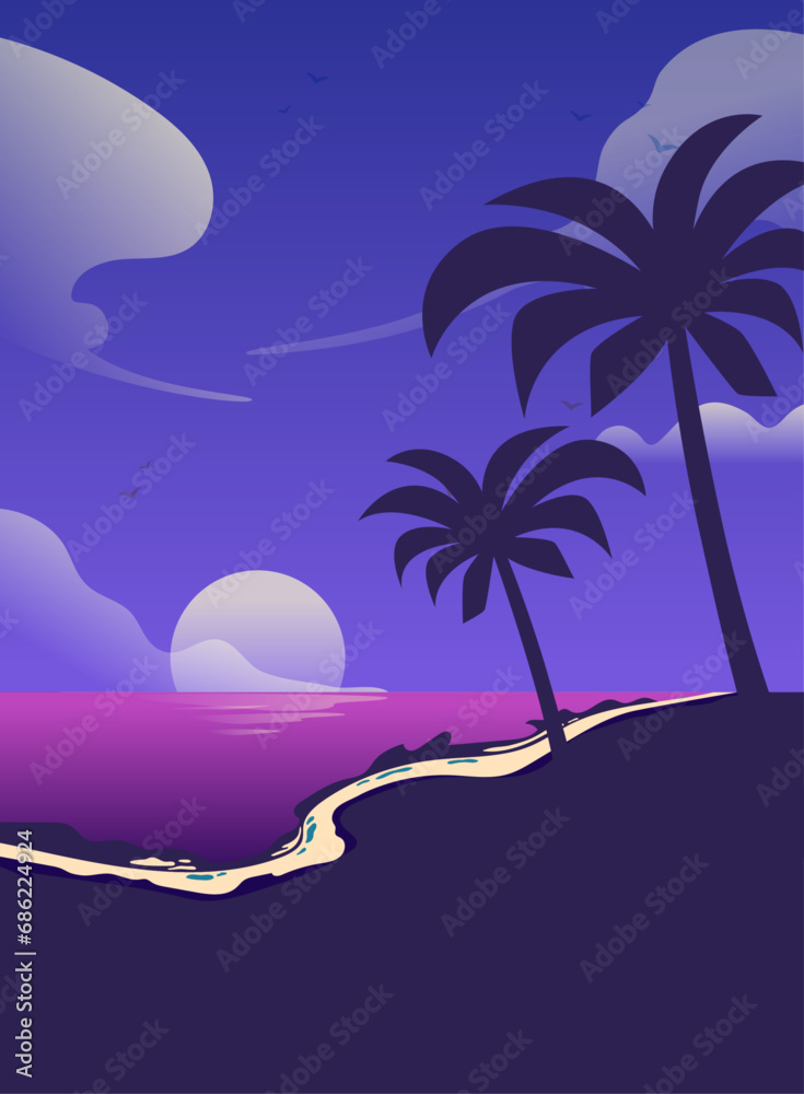 gradient beach sunset background with palm trees