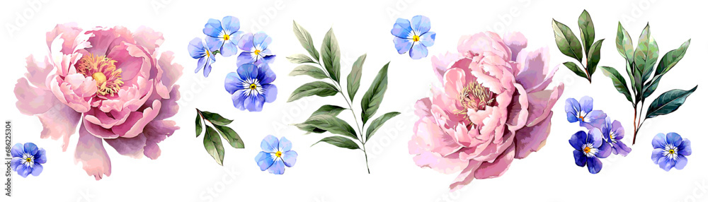 Modern watercolor floral vector set. Collage contemporary set of elements. Hand drawn realistic peony flowers. - obrazy, fototapety, plakaty 