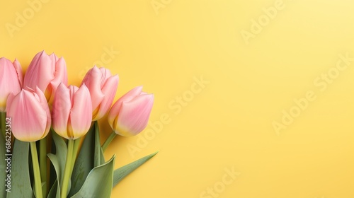 Pink tulips on the yellow background. Valentines background.