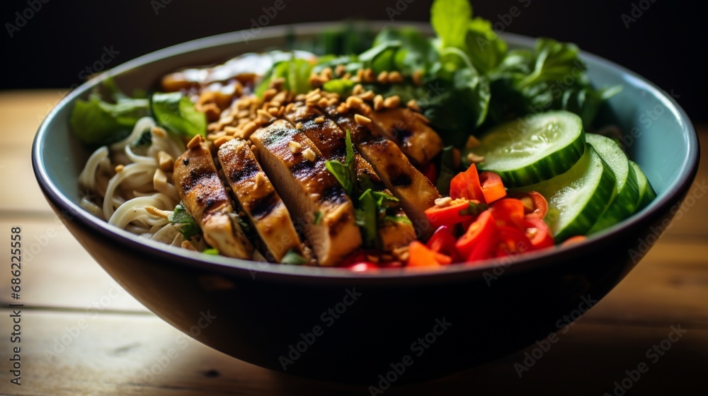 A handheld shot of a Thai-inspired peanut chicken noodle bowl.