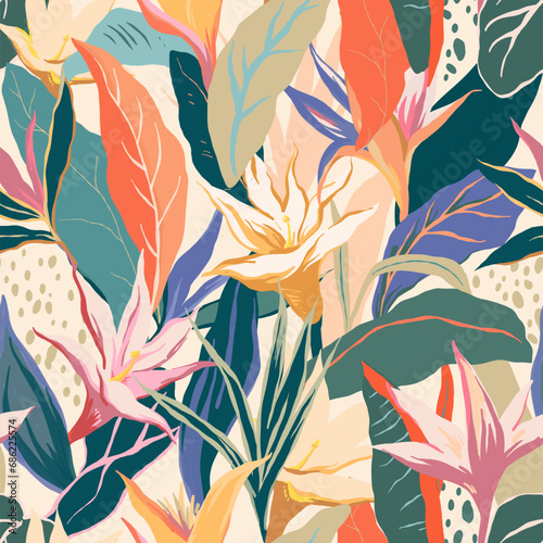 Modern exotic floral tropical vector pattern. Collage contemporary seamless pattern. Hand drawn cartoon style pattern. Minimalism