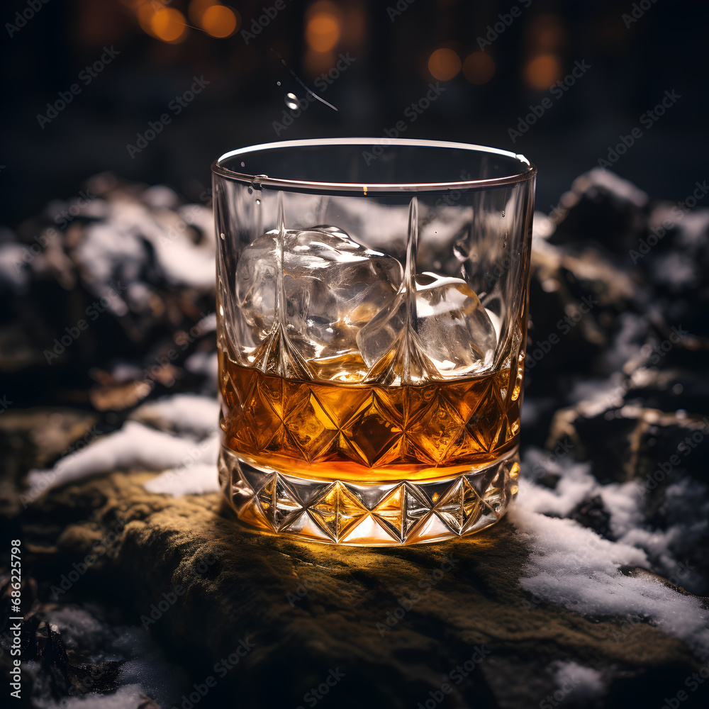 Glass of whiskey with ice, on top of a log of firewood, on top of the snow.