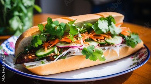 A handheld shot of a Vietnamese banh mi sandwich with pickled vegetables and cilantro.