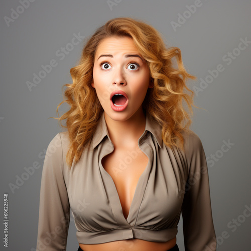 Surprised young woman with wide open mouth looking at camera
